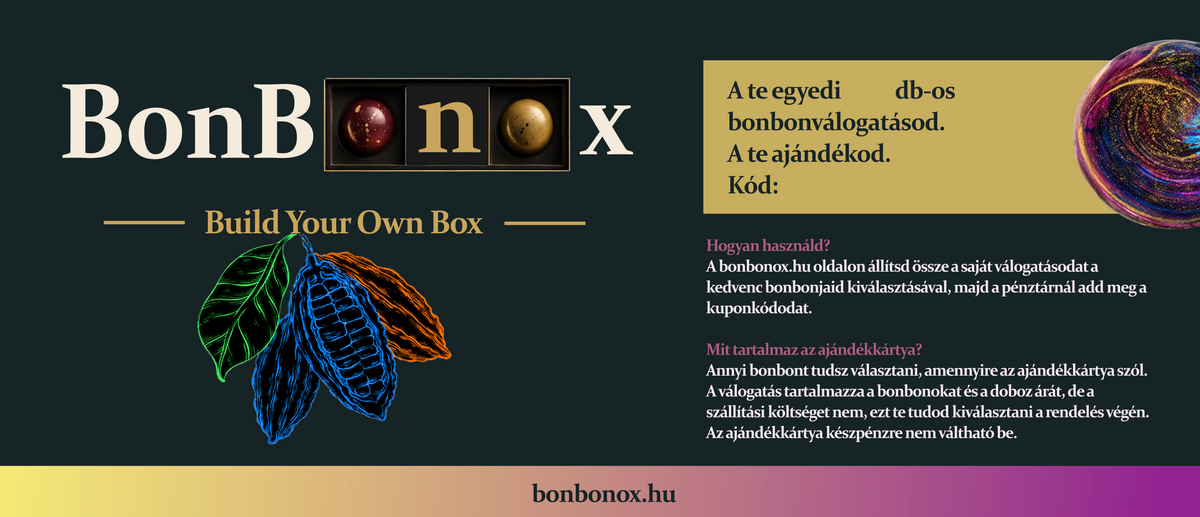 Nyomtatott ajándékkártya borítékban tetszőleges bonbonválogatásra díszdobozban